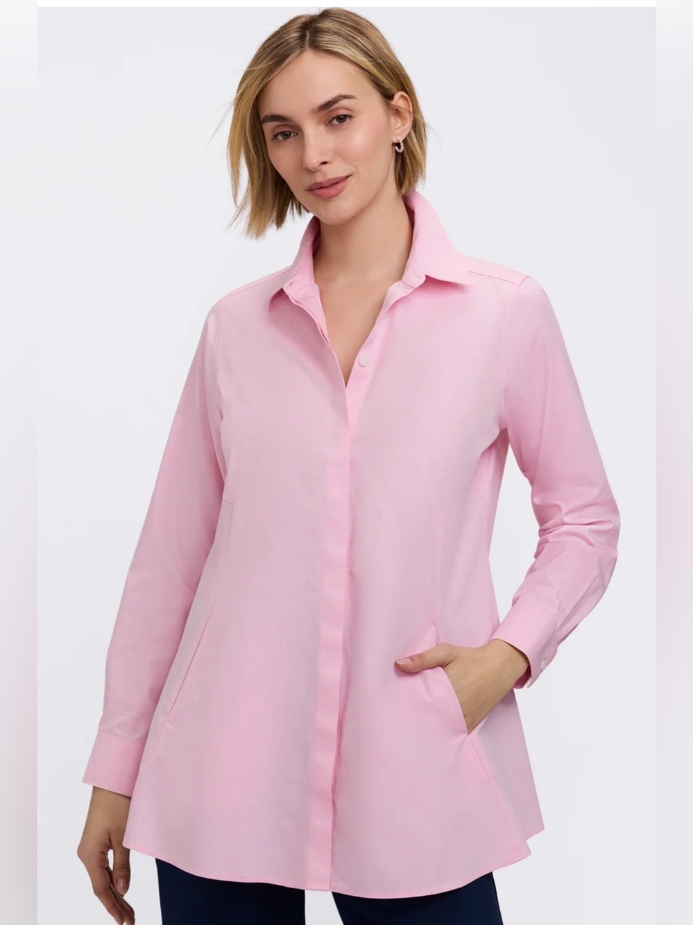 Foxcroft Cici No Iron Pinpoint Long Sleeve Tunic Chambray Pink Plus Size 16W